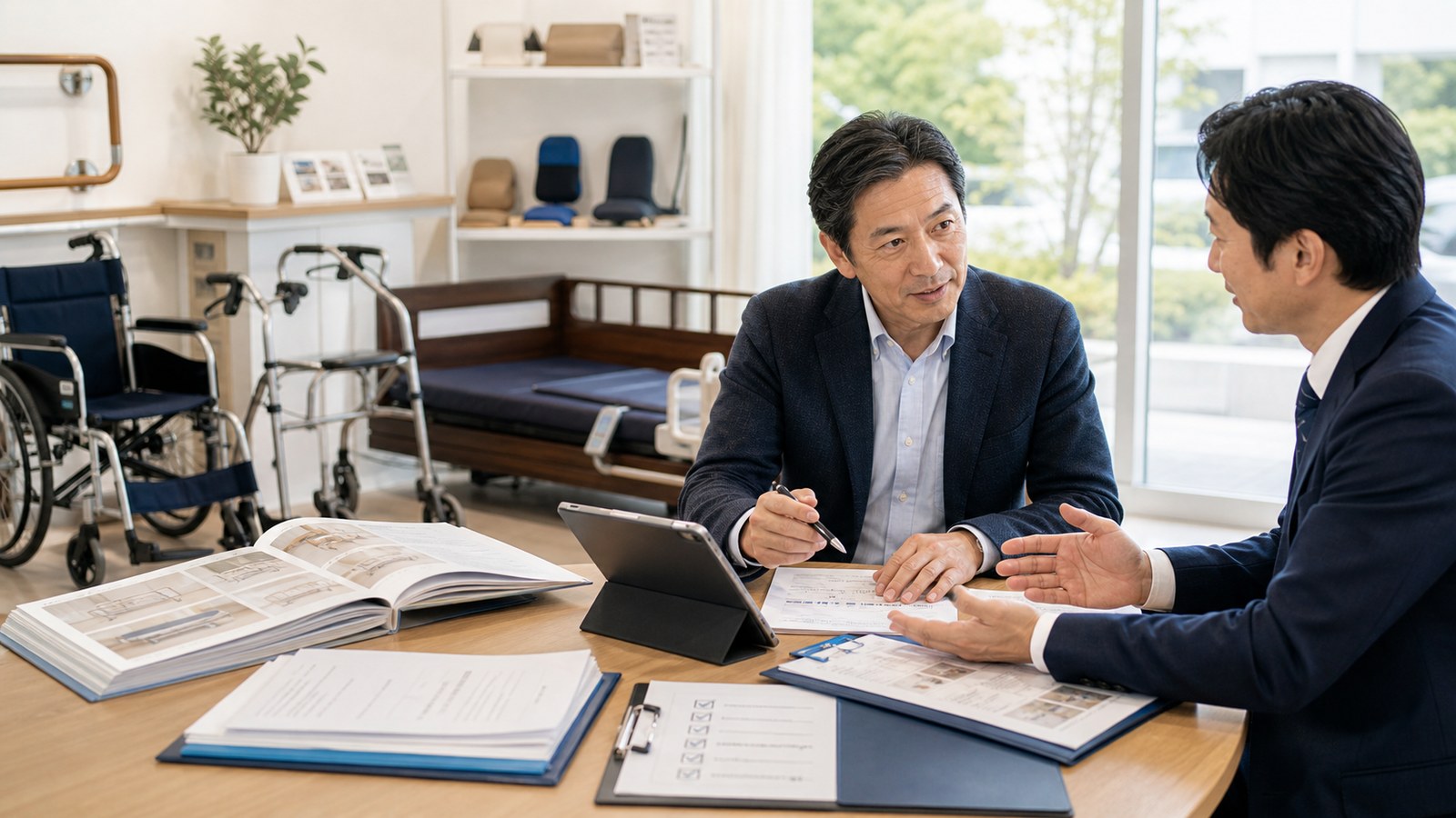 福祉用具貸与・販売事業のM&Aで貸与資産と専門相談員体制を相談する経営者と専門家の写真