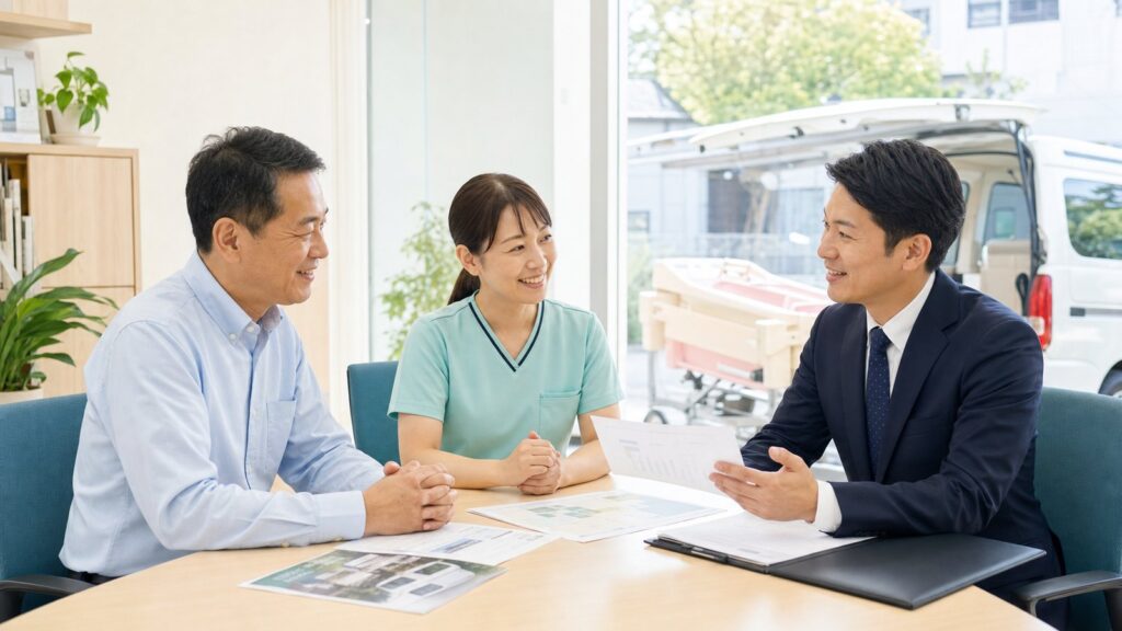 訪問入浴介護のM&Aで人員体制と入浴車両、医療連携を相談する介護事業者と専門家