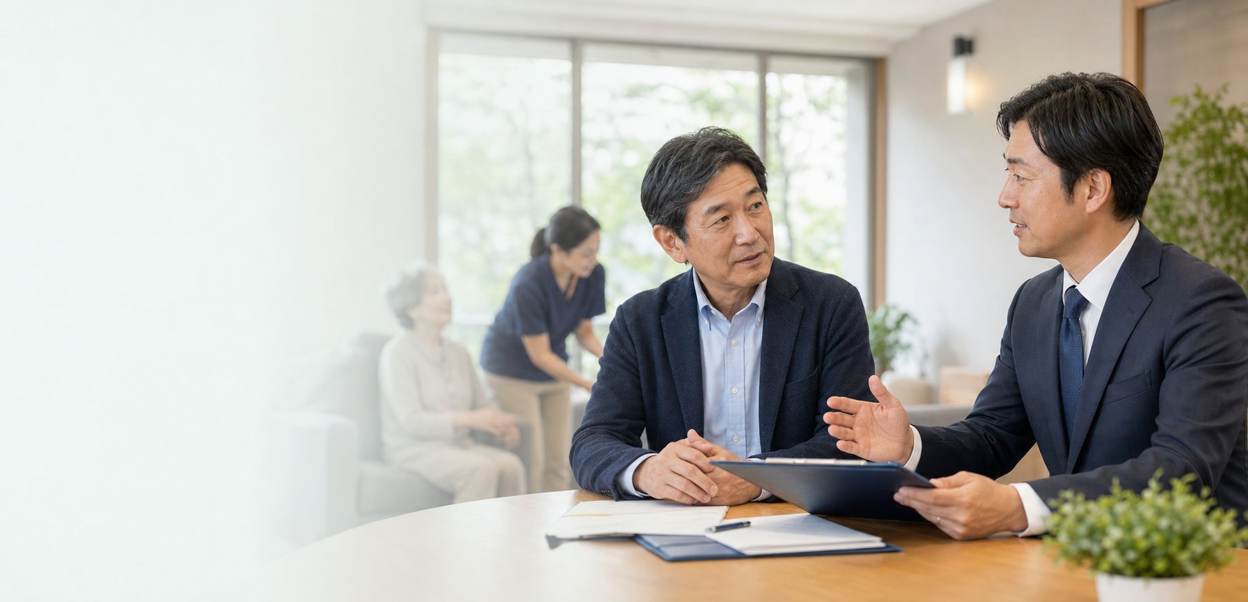 介護事業のM&A相談で資料を確認する専門家と経営者