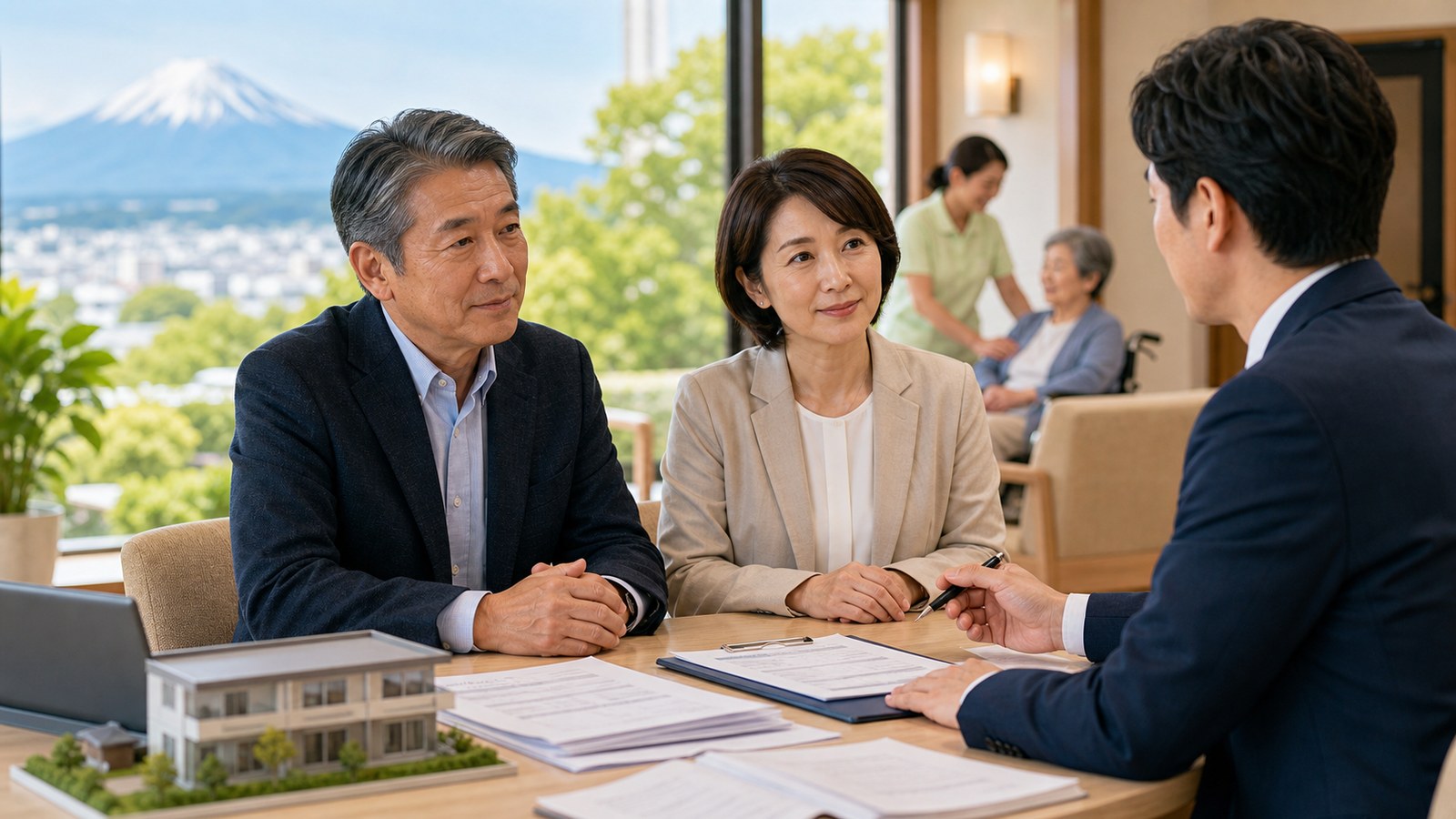 静岡の有料老人ホームM&Aで届出・重要事項説明書・職員説明を相談する経営者と専門家の写真