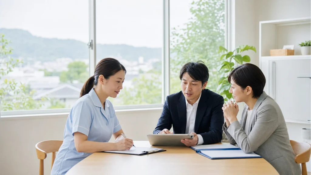 熊本の訪問看護M&Aで看護師と承継担当者が事業運営を確認するイメージ