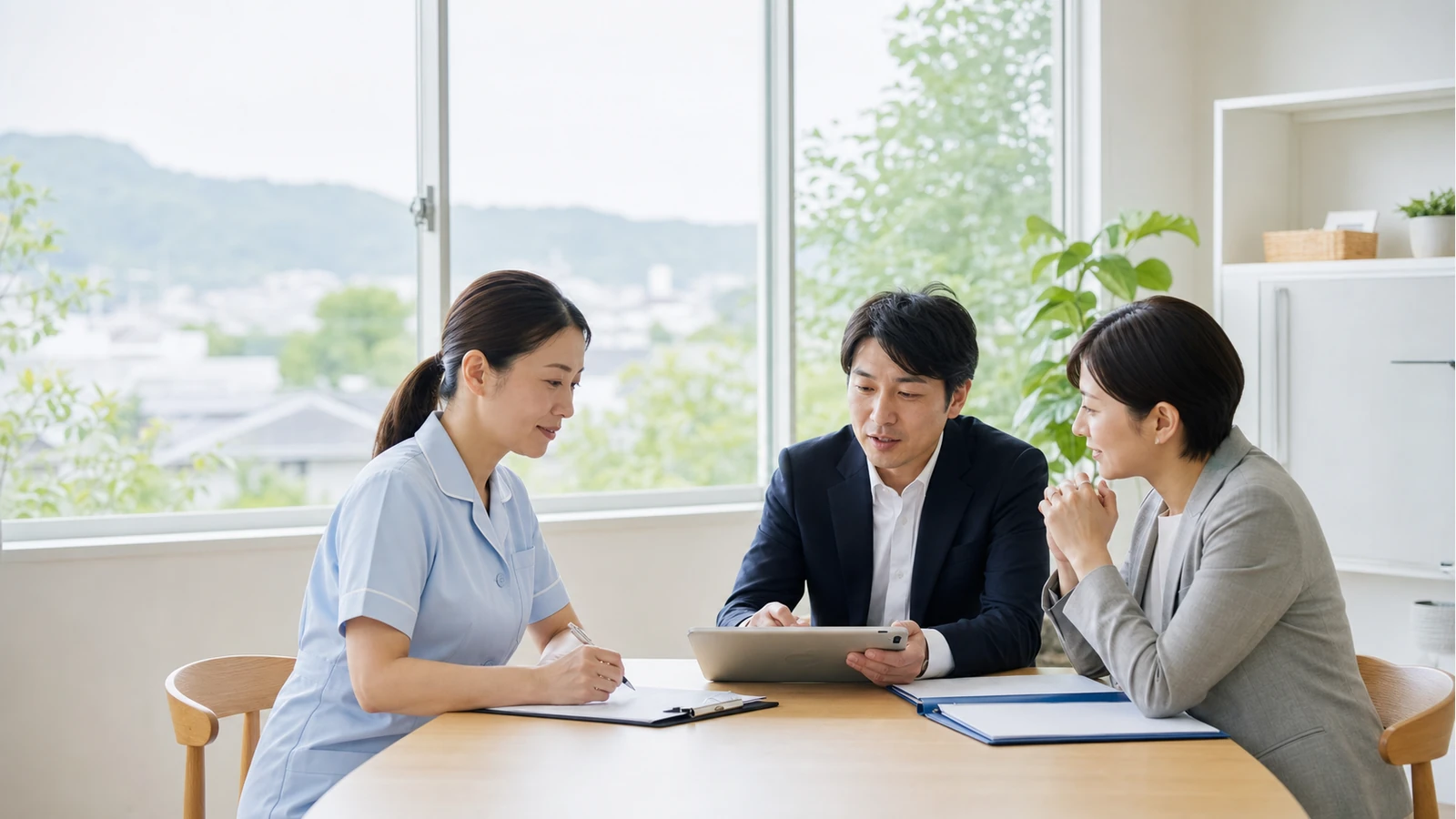 熊本の訪問看護M&Aで看護師と承継担当者が事業運営を確認するイメージ