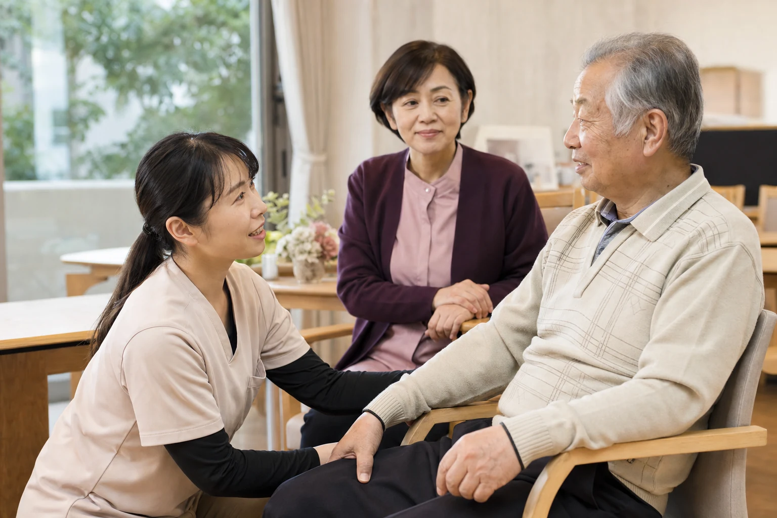 介護職員と利用者と施設責任者が穏やかに関わる事業承継後の継続支援イメージ