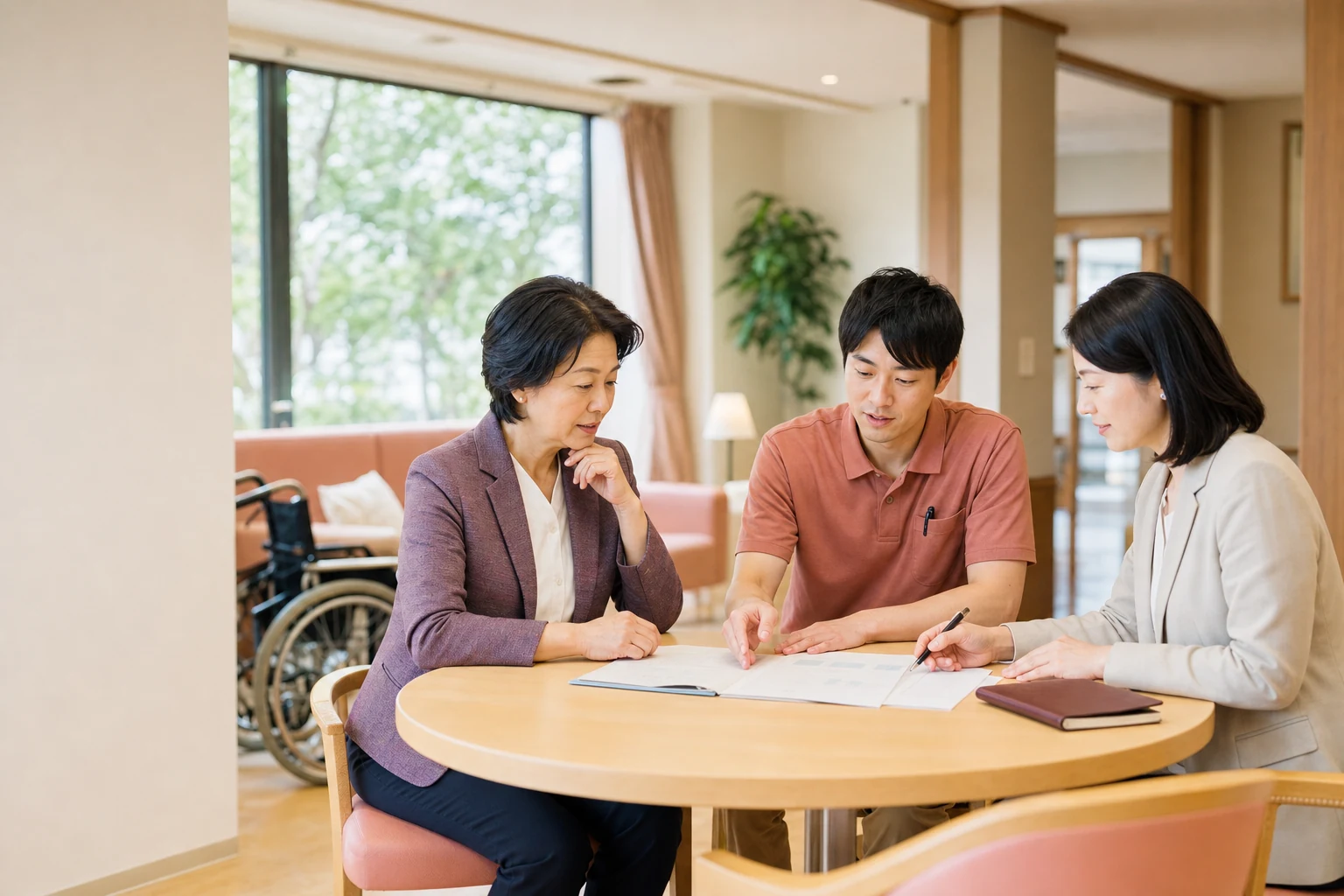 介護施設の経営者・職員・M&A担当者が事業承継の計画を整理する様子