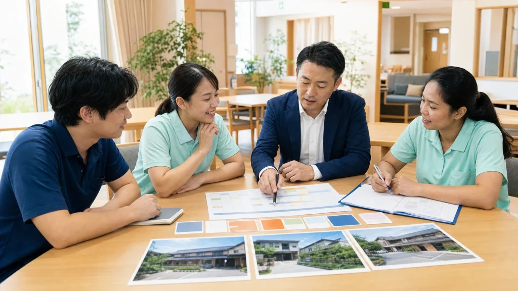 介護事業新規参入M&A事例で有料老人ホーム3施設の事業譲受計画を話し合う介護職員と担当者