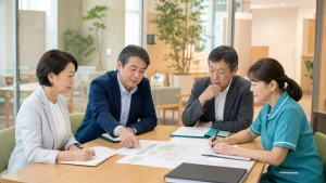 社会福祉法人の介護事業承継で合併と事業譲渡の工程を検討する理事会のイメージ