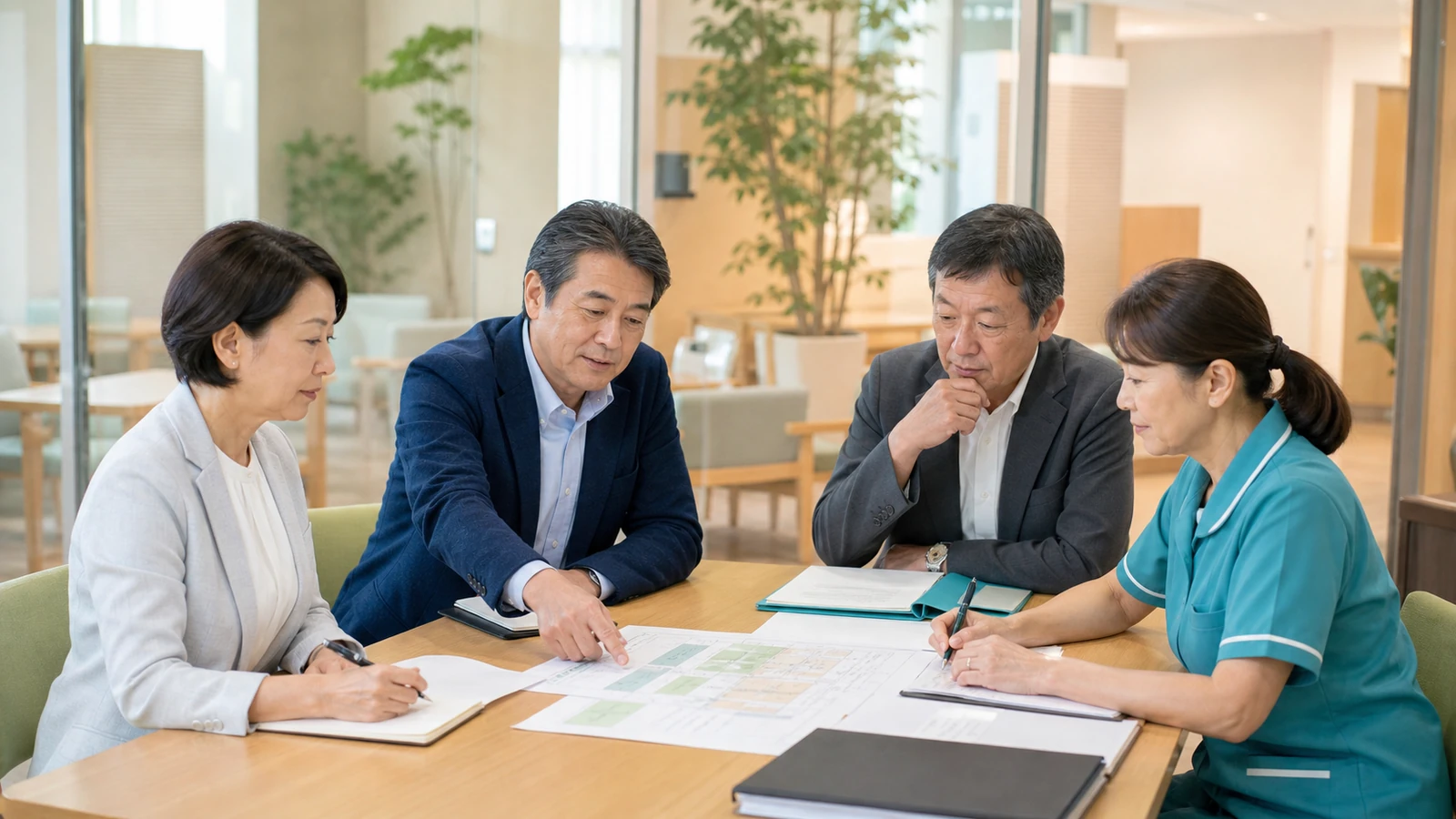 社会福祉法人の介護事業承継で合併と事業譲渡の工程を検討する理事会のイメージ