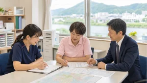徳島の訪問看護M&Aで看護師と承継担当者が運営資料を確認する様子