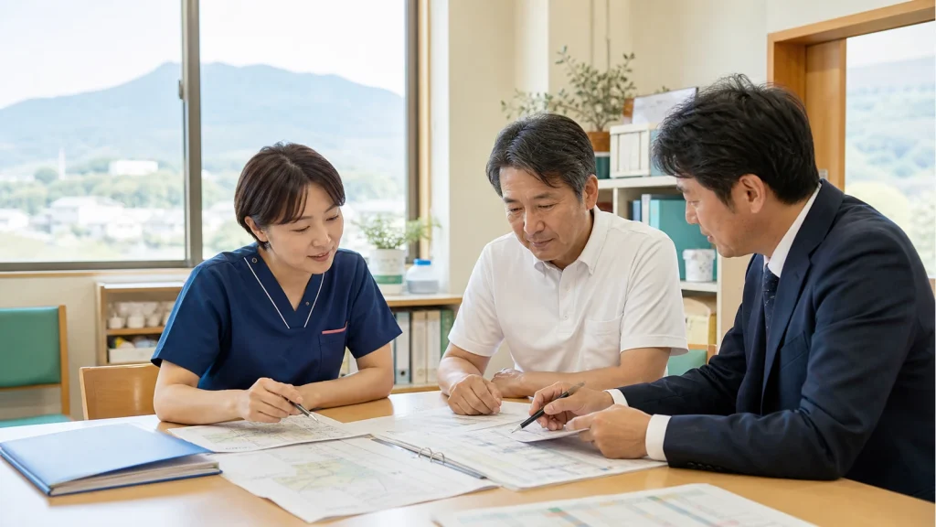 茨城の訪問看護M&Aで看護師と承継担当者が運営資料を確認するイメージ