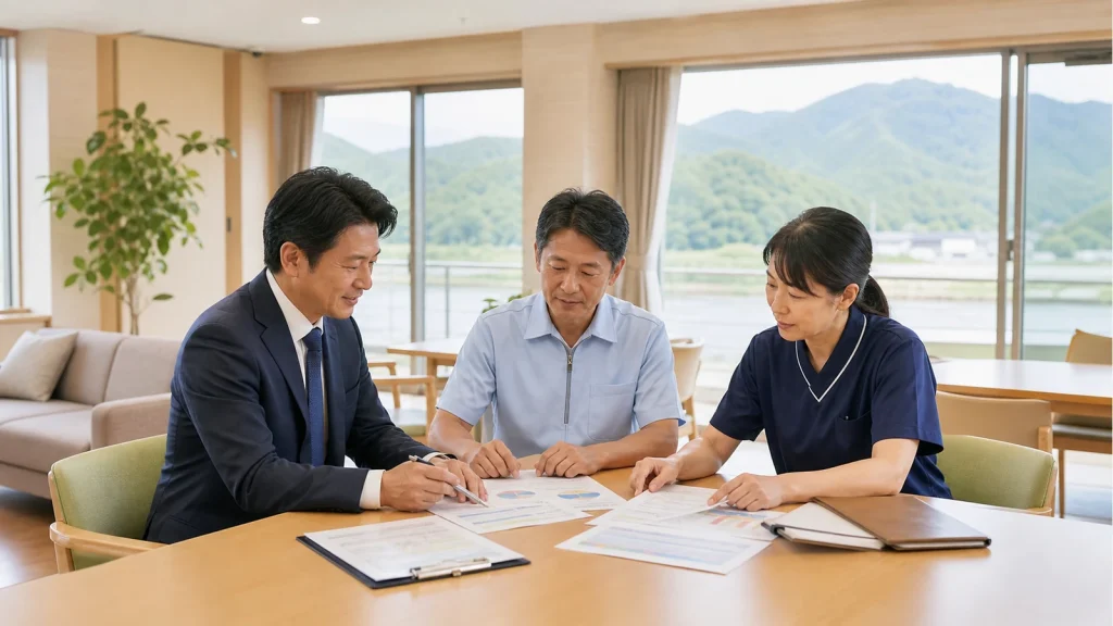 高知の有料老人ホームM&Aで運営資料を確認する施設責任者と承継担当者