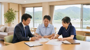 高知の有料老人ホームM&Aで運営資料を確認する施設責任者と承継担当者